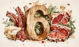 an artistic painting of a number six with pieces of meat