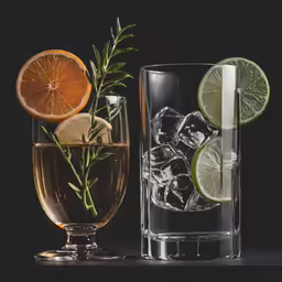 a glass with alcohol and two lime wedges