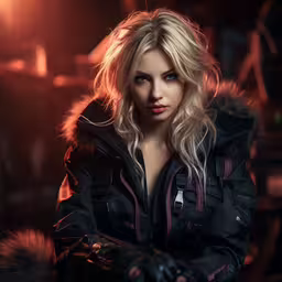 the woman with red eyes is holding her hand near her face,a very cute blond in a jacket and gloves