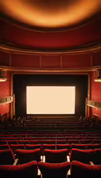 an empty theatre filled with red seats and a white screen,a screen on the wall of a movie auditorium with red seats