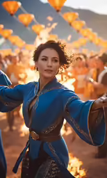 a woman in a blue and gold dress