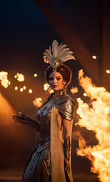 a woman dressed in gold wearing armor and feathers