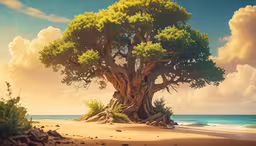 this illustration shows an old tree standing on the beach,a large tree on a beach with the ocean in the background