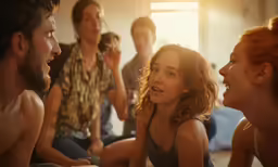 a group of people sitting around one another