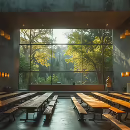 a long table with benches sitting in front of a window