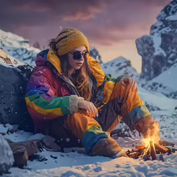 the woman is sitting by the camp fire