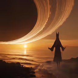 two people standing in the water in front of a sunset