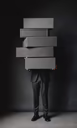 man in black suit carrying stack of boxes