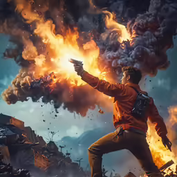 a man in an orange jacket and khaki pants holding up his gun while standing next to a large explosion of smoke