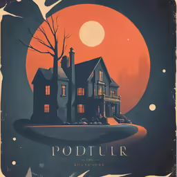 an old movie poster with an image of a spooky house at night
