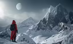 person in red rain jacket looking at mountain and moon