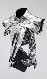 a silver shirt suspended from a rope
