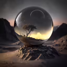a sphere sitting on top of a sandy hill