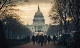 a large group of people walking down a street in front of the us capital building