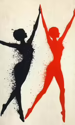 two women are standing on a wall painted red and black
