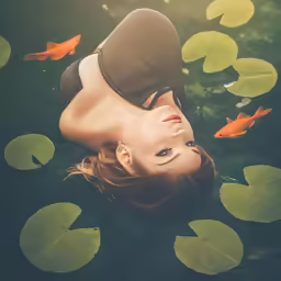 a beautiful woman laying down next to a pond of waterlilies