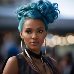 a very attractive young lady with bright blue hair