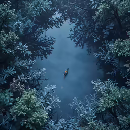 a photo of an underwater view of a man in a canoe among the trees