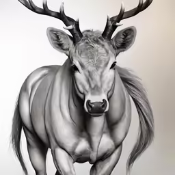 a black and white photo of an animal with very long horns