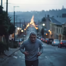 a man in a gray jacket runs down the street