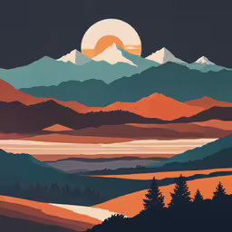 the image shows mountains and trees at sunset,colorful mountains with the moon setting in the background