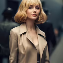 a blond woman in a beige suit outside