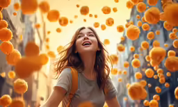 the smiling woman is surrounded by lots of orange balls