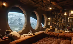 a window seat on top of an open area next to a table
