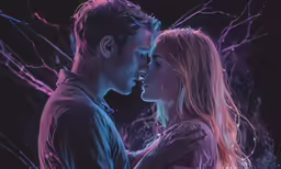 a couple is standing in front of a purple background