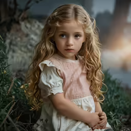 a young girl wearing an old fashioned outfit and sitting in some plants