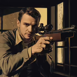 a young man holding a gun and shooting a rifle