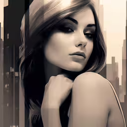 a woman posing with her hands on her chest in a city,a beautiful woman with a hat over her head