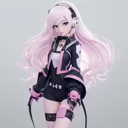 a sexy pink haired woman with headphones standing