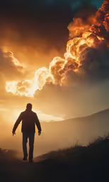 man walking toward a huge cloud of smoke and steam