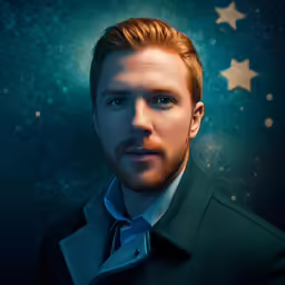 a man with a suit and tie standing in front of a backdrop of stars