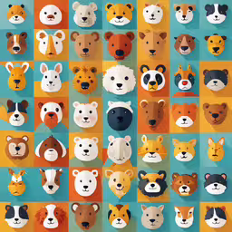 an abstract set of animals face masks,a series of animals that are on different kinds of paper