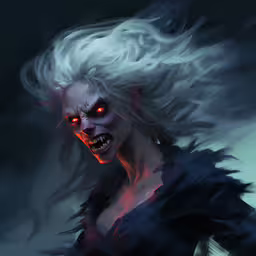there is a woman with white hair and red eyes,an angry looking woman wearing white hair and demonic red eyes