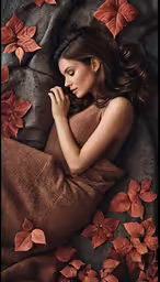 a young woman lies on her side with petals