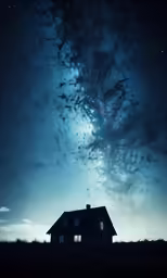 a barn beneath a dark blue night sky