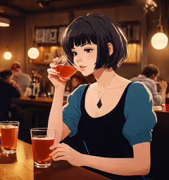 the woman sits at a bar drinking from a cup,there is a woman sitting at the bar drinking some type of alcohol