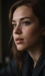 a woman looking in to the distance with a serious look on her face