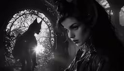 a gothic woman looks into the mirror with a wolf on her shoulder