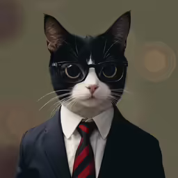 a black and white cat dressed in a suit and tie