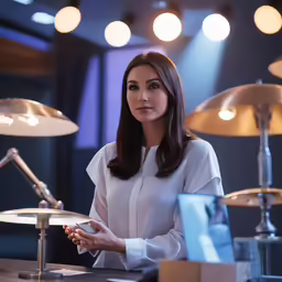 the woman in white stands in front of two lamps
