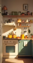 a white and green kitchen has various pots on the stove