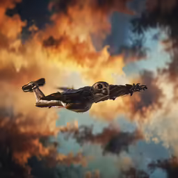 a frog flying through the air in front of clouds