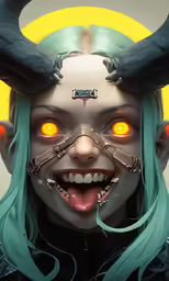 a close up of a person with horns and demon makeup