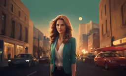 an attractive lady in green coat and black pants standing on street
