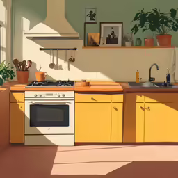 a kitchen with a white stove top oven