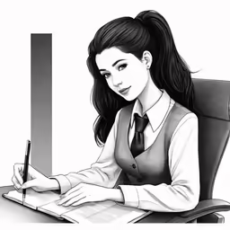 a woman with long black hair writing on her paper